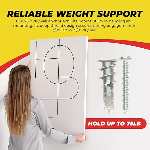Qualihome Zinc Self Drilling Drywall Anchor Hollow Wall Anchor Kit with Screws - Metal Self Drilling Drywall Anchors with Wide Screw Fins - #8 Zinc Drywall Anchors Heavy Duty - 50 Pack - 75 Lbs