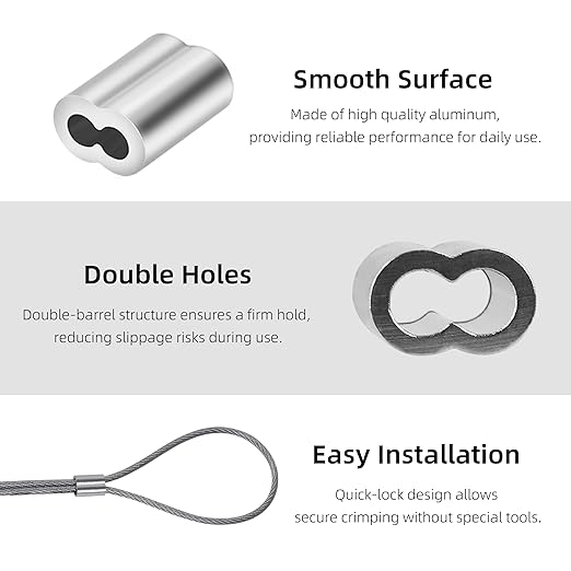 3/16" (50 PCS) Aluminum Wire Rope Sleeves, Crimping Loop Sleeve for 5mm Diameter Cable and Wire Rope, Double Barrel Crimp Sleeves Cable Ferrule for DIY, Fishing, Home & Crafts