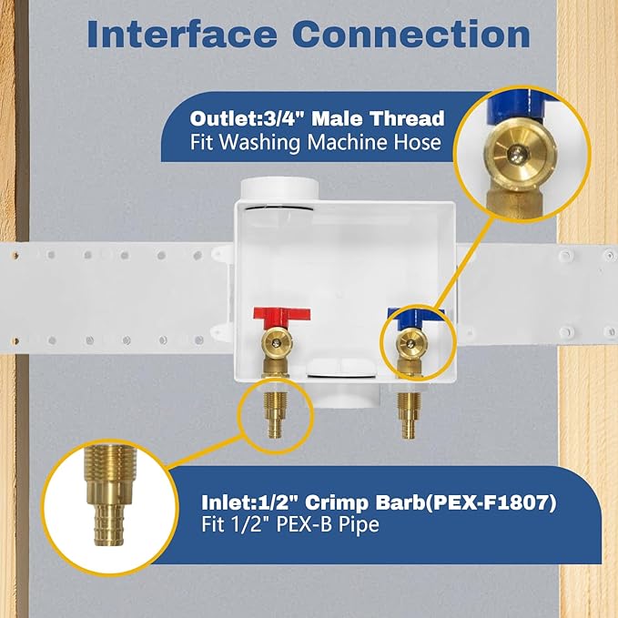 50-PACK GUOFIS Washing Machine Outlet Box, PEX Laundry Washer Box with Central and Side Drain Design(1/2"PEX Crimp Connection Inlet X 3/4"MHT Outlet)(WM002-50Pack)