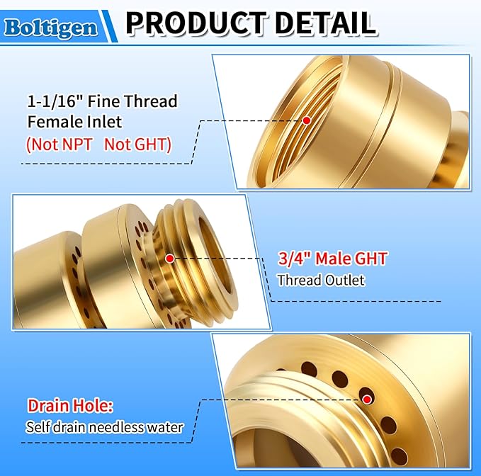 Fine Thread Vacuum Breaker, PK1390 1-1/16" Fine Thread Female No Lead Brass Self-Draining Vacuum Breaker, Hose Bib Vacuum Breaker, Providing you with Healthy Portable Water (NOT fit 3/4" GHT Bibcock)