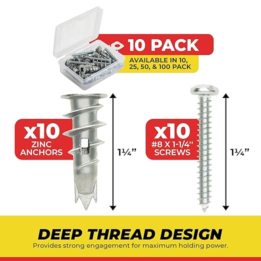 Qualihome Zinc Self Drilling Drywall Anchor Hollow Wall Anchor Kit With Screws - Metal Self Drilling Drywall Anchors With Wide Screw Fins - #8 Zinc Drywall Anchors Heavy Duty (10 Pack)