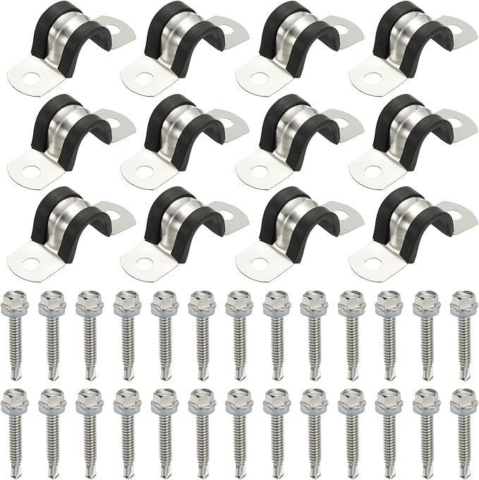 PATIKIL 12Pcs Pipe Clamps, 5/8 Inch 304 Stainless Steel Rubber Cushioned U Bracket Conduit Clamps Pipe Strap Wire Clips with Hexagonal Screw for Tube Hose Cord Installation, 16mm