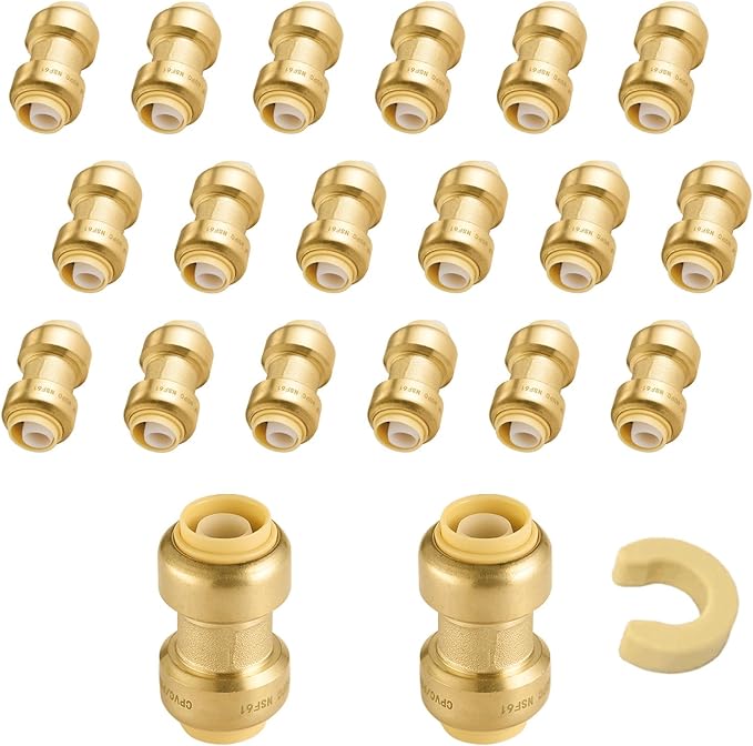 20-Pack Niikappu Push Fit Fittings, 1/2" x 1/2" Brass Plumbing Fittings to Connect PEX, Copper, CPVC, Brass Straight Coupling With Disconnect Clip