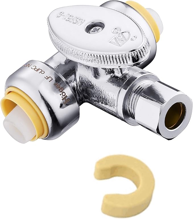 EFIELD Push Fit Tee Stop Valve 1/2" Push x 1/2" Push x 3/8" OD Compression, 1/4 Turn, Water Shut Off Valve Chrome with a Disconnect Clip,(PF-VALVE042)
