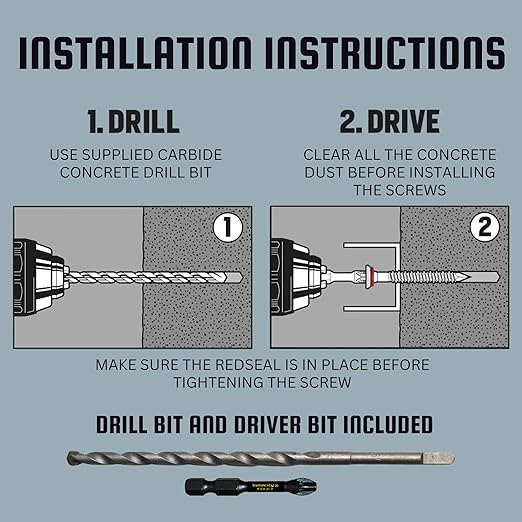 Velocity 2 1/4 Concrete Screws (Flat Head, 1/4") - Includes 12 High-Performance Cement Screws for Concrete with RedSeal Moisture Barrier, 1 PSD ACR Drive Bit and 1 Carbide Concrete Drill Bit
