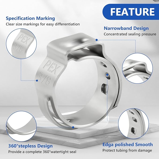 3/8 inch Pex Clamps 60pcs Pex Crimp Rings Single Ear Hose Clamps Stainless Steel Pex Fittings Cinch Clamp Ring for PEX Pipe Tubing