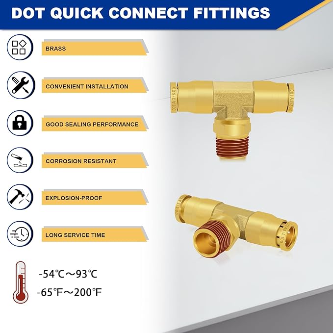 3/8" DOT Air Line Fittings Tee, 3PCS Brass Air Brake Fittings 3/8" Tube OD × 1/4" NPT × 3/8" Tube OD Push to Connect Tee Union to Male Pipe Swivel for Truck Trailers Air Brake System