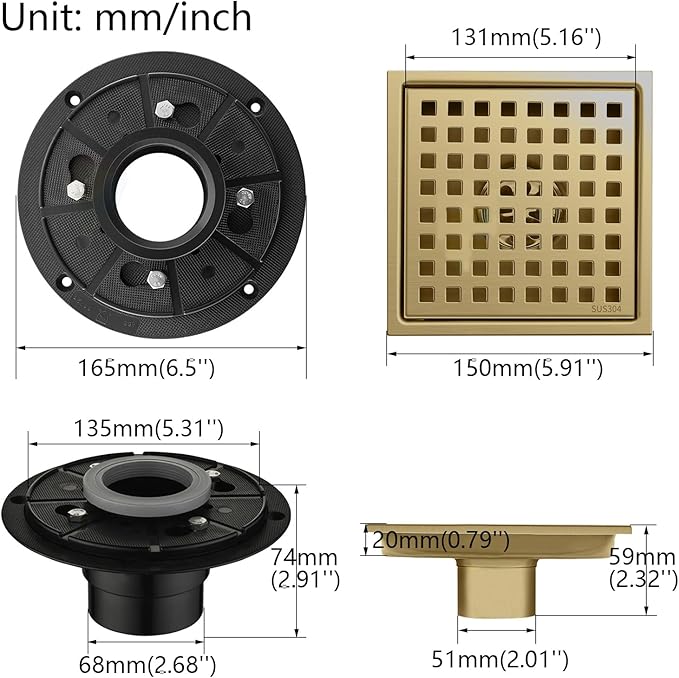 6 Inch Square Shower Floor Drain with Flange,Quadrato Pattern Grate Removable,Food-Grade SUS 304 Stainless Steel,Brushed Gold