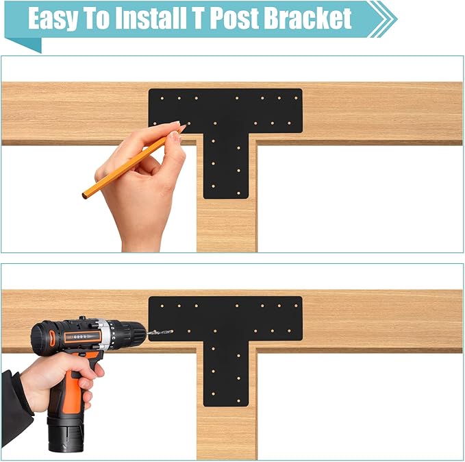 4 Pcs T Post Bracket,16.9"x 5" T Flat Mending Plate with Black Powder-Coated Joining Brackets, Connecting Brackets, T Shape Strap Plate Fit 6x6,8x8, for Repair House,Pavilion,Truss framing