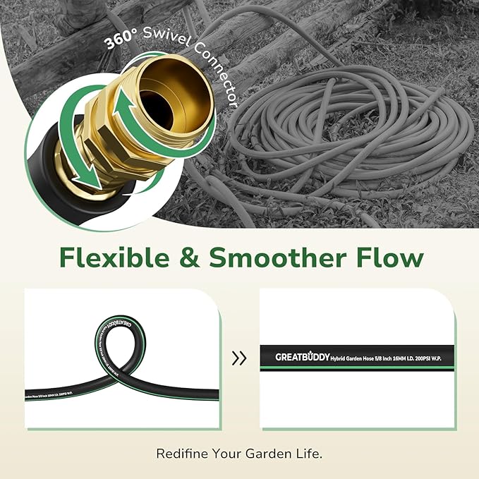GreatBuddy Garden Hose 100ft, 5/8" Water Hose Heavy Duty, Flexible, Lightweight Hybrid Hose, Burst 600 PSI with Solid Brass Male to Female Fittings Leakproof Hose for Backyard, Garden