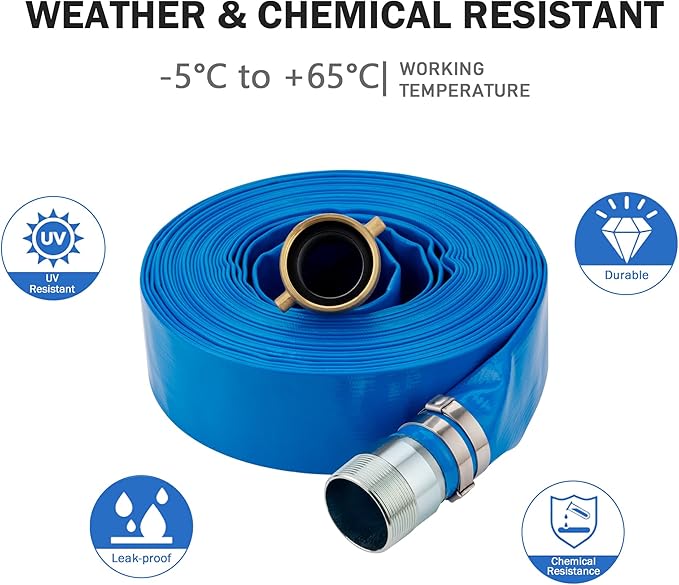 2" ID x 100 ft PVC Lay Flat Discharge Hose with NPT Pin Lug & KC Nipple Fittings, Heavy Duty Reinforced Blue Backwash Pump Hoses for Swimming Drain Pools and Clean Filters