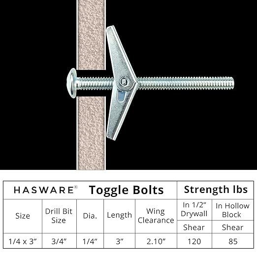 HASWARE Toggle Bolt Zinc Plated Steel and Wing Nut for Hanging Heavy Items on Drywall 1/4x3” (8 Pack)