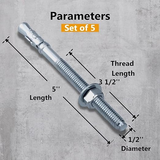 Party Animals 1/2 x 5 Inch Wedge Anchor, 5 PCs Zinc-Plated Industrial Anchor Bolts for Cement, Concrete