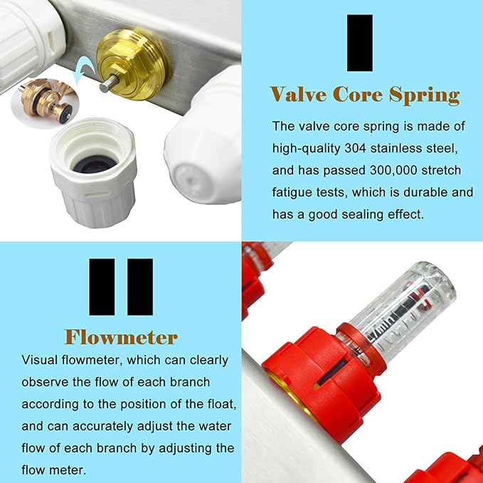 7 Branch PEX Radiant Floor Heating Manifold Set Floor Heating Water Distributor 1/2" Pipe Adapter 307 Stainless Steel and Brass, for Heating Systems