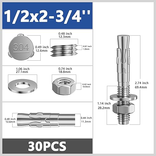 30Pcs 1/2x2-3/4 Inch Standard Fasteners for Heavy-Duty 304 Stainless Steel Wedge Anchors for Cement and Concrete