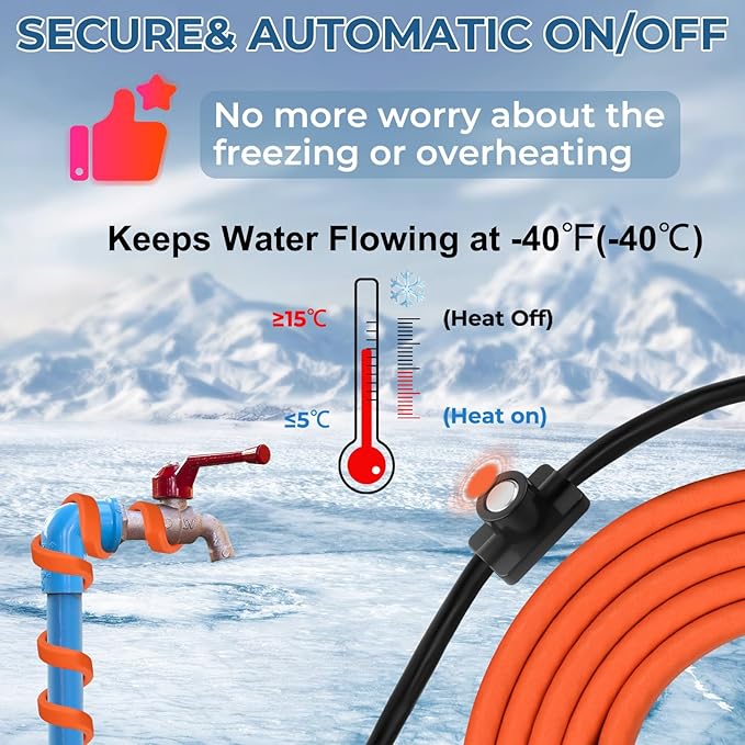 15FT Heat Tape for Water Pipes Freeze Protection IP65 Waterproof 7W/FT 110V BDDFOTO Water Pipe Heat Cable With Thermostat Self-Regulating Pipe Heater for House Garden/RV Camper