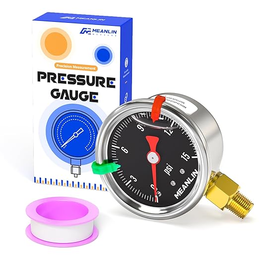 MEANLIN MEASURE 0~15Psi Black Stainless Steel Pressure Gauge, Glycerin Filled 1/8" NPT 1.5" FACE DIAL, Liquid Filled Pressure Gauge WOG Water Oil Air Lower Mount (with 2PCS Snaps)