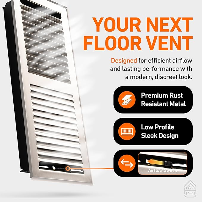 4X12 Floor Vent Covers Floor Register with Mesh Cover Trap, Heat and Air, Walkable Metal Floor Vent for HVAC Duct, Contemporary, Satin Nickel