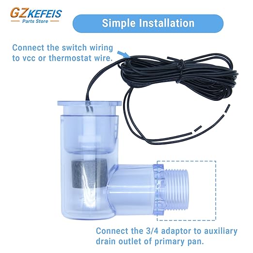 SS2 Float Switch L Shape, Compatible with Safe-T-Switch for HVAC Drain Pan Condensate Outlet, AC Water Level Switch with 3/4 Inch Adapter and 6Ft Wire (1, Transparent Blue)