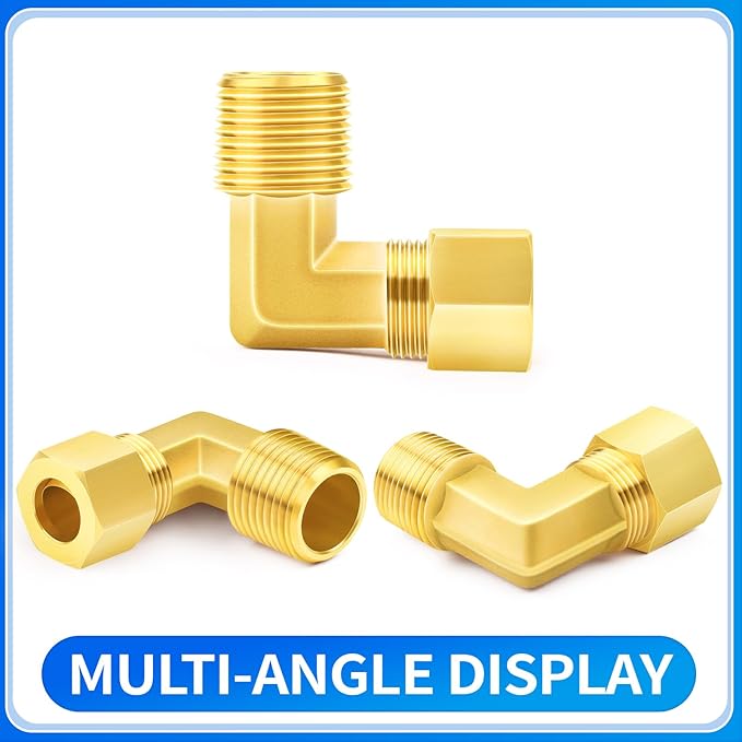 ChillWaves Brass Compression Tube Fitting, 3/8" OD x 1/4" NPT Male 90 Degree Elbow Compression Union Connector(5-PACK)