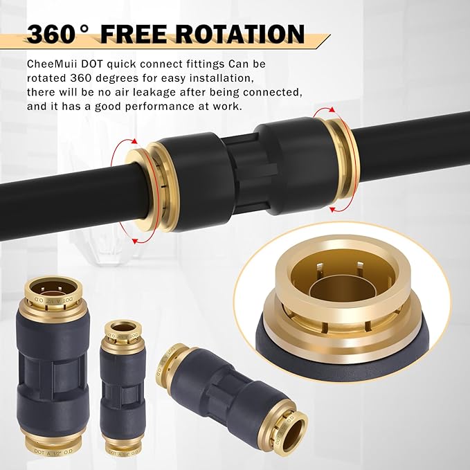CheeMuii 30 PCS DOT Air Line Fittings 1/4" 3/8" 1/2" DOT Push Lock Air Fittings Brass and Plastic Straight Unions Quick Connect Air Hose Fittings Repair Kit