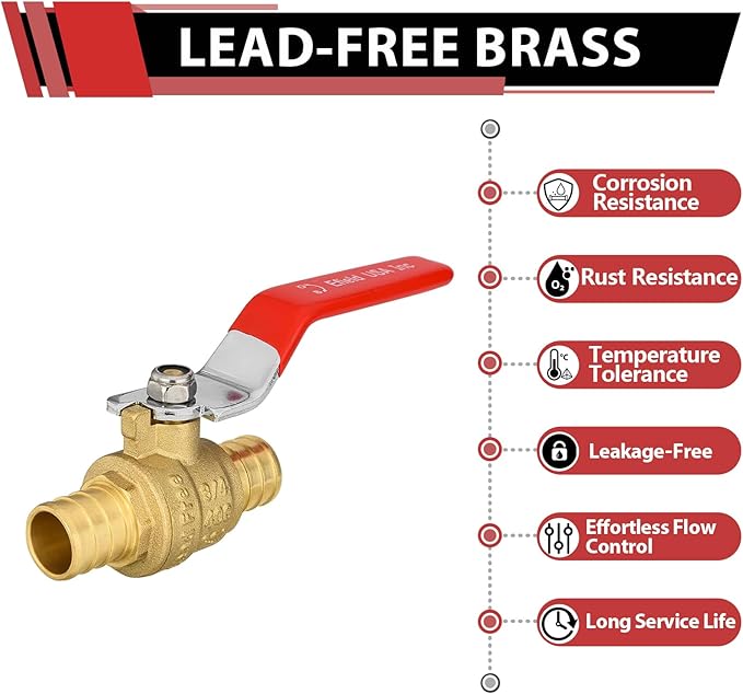 10-Pack EFIELD 3/4 Inch Barb Crimp Pex Brass Full Port Shut-off Ball Valve, Red Level, ASTM F1807,(VALVE019)