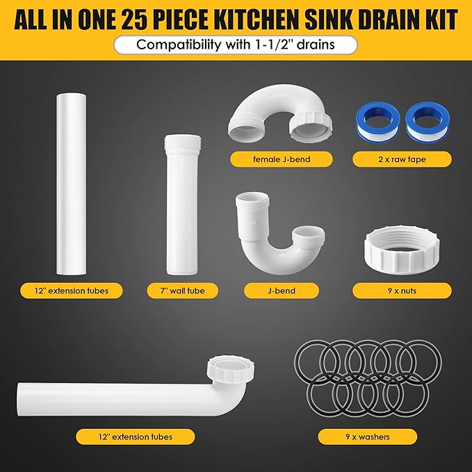 Saillong 25 Pcs Garbage Disposal Installation Kit Complete Kitchen Sink Drain Pipe Kit for Double Bowl Sink, 1-1/2" Plumbing, Simple Install, Leak Proof (Set B)