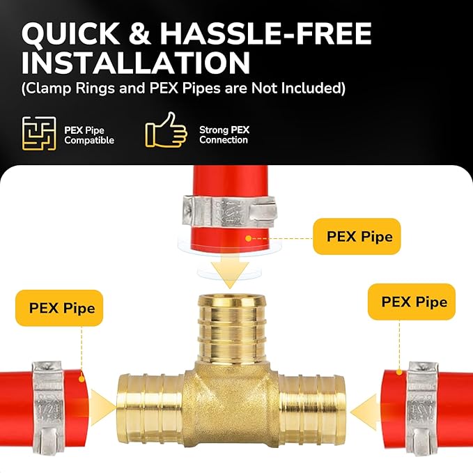 12 Pack 1/2" PEX Tee, PEX Fittings, Heavy-Duty Brass Crimp Fittings for PEX Pipes with Leak-Resistant Construction, NSF & UPC Certified