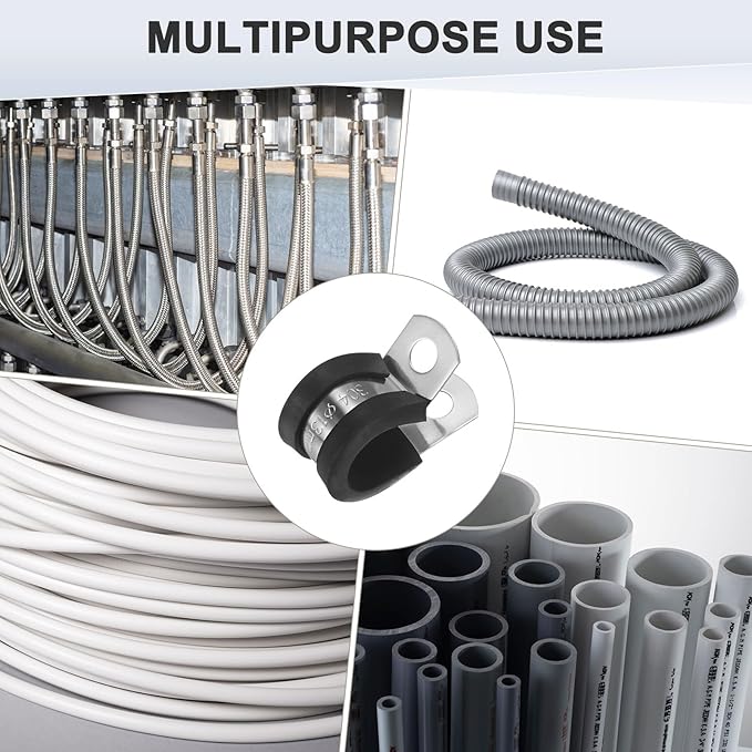 12-Pack Cable Clamps, 33/64 Inch/ 13 mm 304 Stainless Steel Rubber Cushioned Insulated Cable Clamp R Shape Metal Holder for Tube/Wire/Pipe/Loop Installation