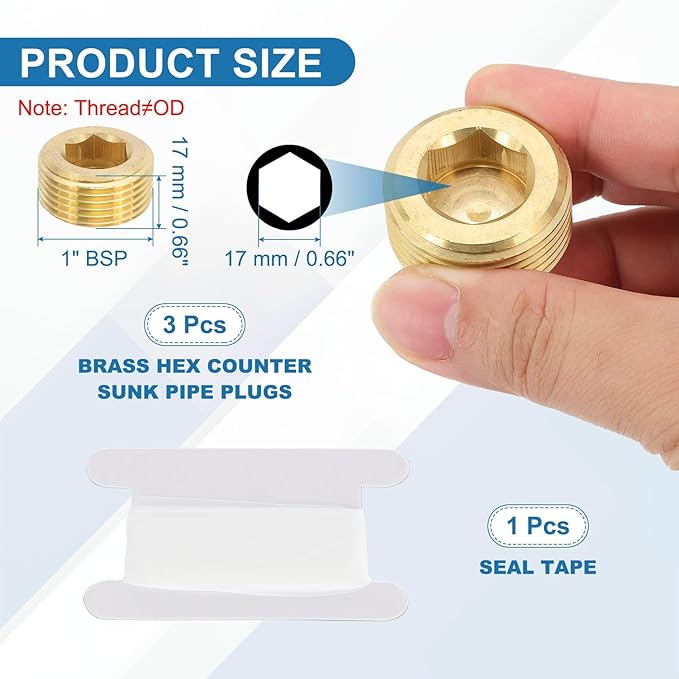 PATIKIL 1" BSP Male Pipe Plug Fitting, 3Pcs Brass Hex Counter Sunk Plug Brass Male Connector Socket for Closing the End of Pipe Industrial Machinery Fittings