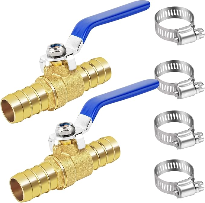 Brass Hose Barb Ball Valve Kit-2pcs 5/8" Heater Hose Shut Off Valve with Stainless Steel Clamps-High Temperature Resistance Shut off PEX Ball Valve for Water, Oil, Gas, Fuel line Fittings