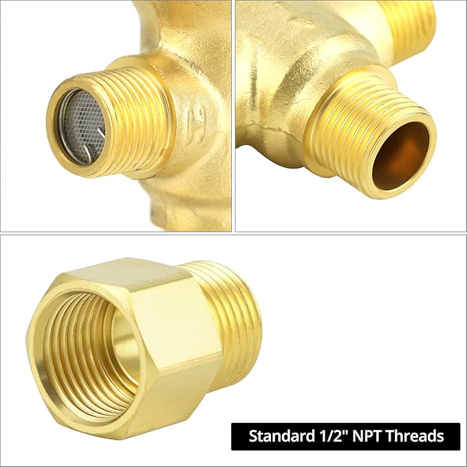 QWORK Thermostatic Mixing Valve, 2 Pack Solid Brass Pipe Water Valve with Temperature Control - 1/2 NPT Male Connections - Includes 3 Adapters, Suitable for Wash Basins, Showers, Kitchens