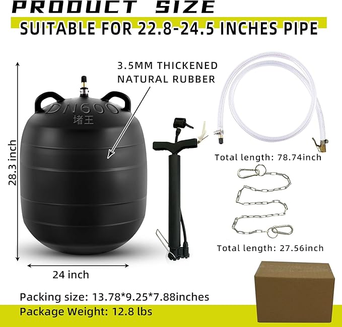 Test-Ball Pipeline Plugging Air Bag,Sewer Test Plug，Water Shut Off Airbag, Rubber Plumbing Balloon，Inflatable Pipe Test Plug，Used for Drainage Pipe, Sewage Pipe Temporary Water Blocking (24 Inchs)