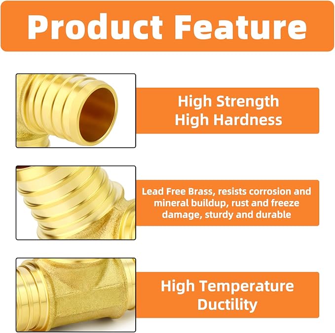 GASHER 2Pcs No Lead Brass 1" Pex Tee Fittings, 1 Inch Pex Fittings for Pex Tubing