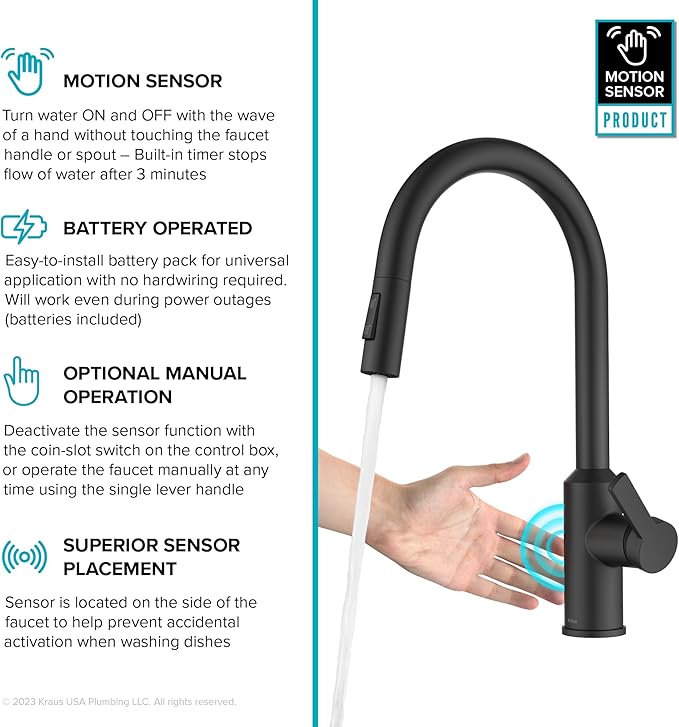 KRAUS Oletto Touchless Sensor Pull-Down Single Handle Kitchen Faucet in Matte Black, KSF-2830MB