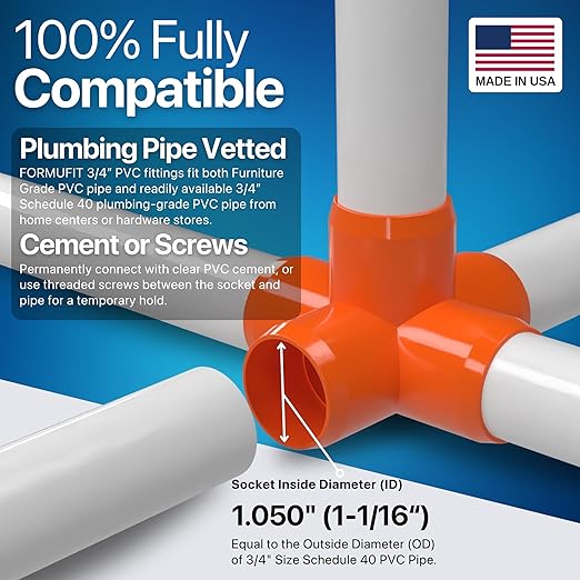 FORMUFIT 3/4" 5-Way Cross Furniture Grade PVC Fitting in Orange, Made in USA, UV-Resistant, Impact-Proof, 1.050” Actual Socket Diameter (Pack of 8) - F0345WC-OR-8