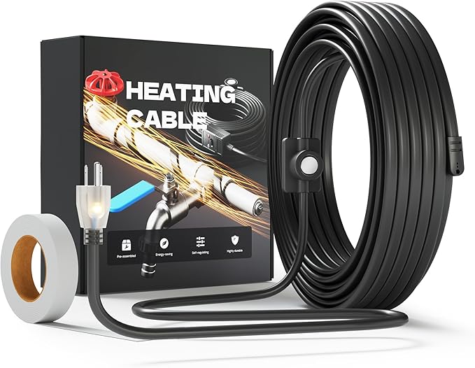 Heat Tape for Water Pipes with Thermostat, Anti-Freeze, Electric Heat Tape, Keeps Water Flowing at -22℉/-30℃, 12FT, Black, UL&ETL Listed 120V