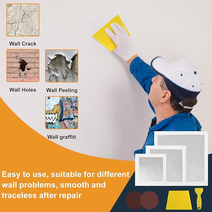 succulentlovers 8Pack Drywall Repair Kit, 6/8/12/12 Inch Dry Wall Patch Kits for Large Holes with Scraper & Sandpapers,Heavy Duty Self-Adhesive Mesh Drywall Hole Sheetrock Repair Kit for Wall Ceiling