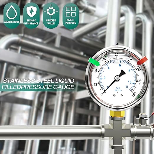 0-160psi Stainless Steel 1/4" NPT 2.5" Dial, Glycerin Liquid Filled Pressure Gauge Lower Mount Designed for Pressure Testing of Water, Oil and Air (with Range Mark Pointer)