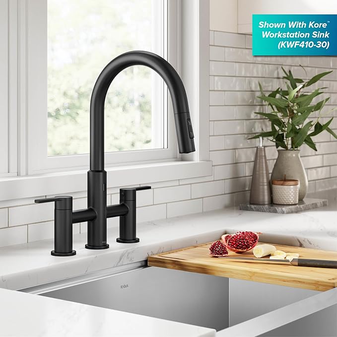 KRAUS Oletto Touchless Sensor Bridge Kitchen Faucet with Pull-Down Sprayhead in Spot-Free Stainless Steel, KSF-3122SFS