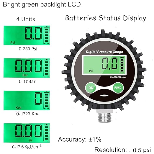 Digital Gas Pressure Gauge with 1/4'' NPT Bottom Connector and Rubber Protector, 0-250psi, Accuracy 1% .F.S.