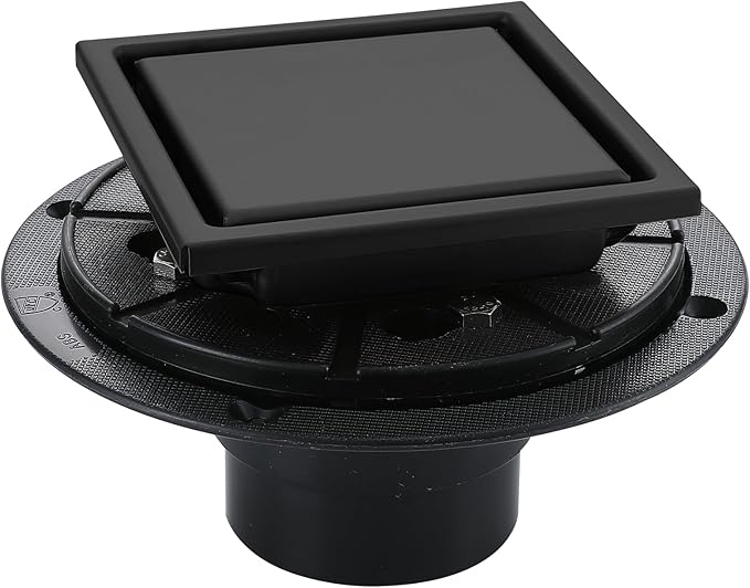 4 Inch Shower Floor Drain, SUS304 Stainless Steel Square Bathroom Floor Drain with Flange Reversible 2-in-1 Cover Insert Tiles for Filtering, Matte Black