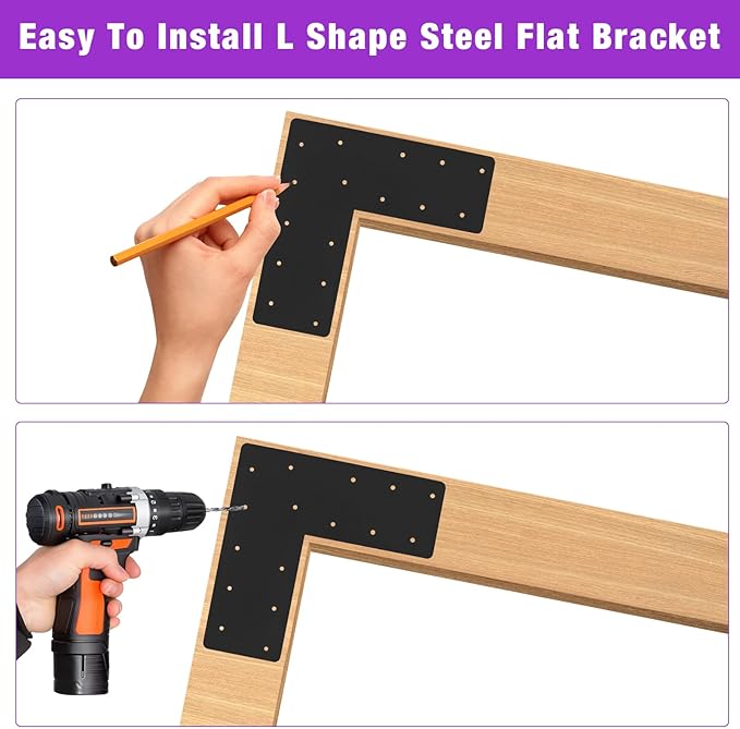 2 Pcs 13.2"x 5"L Shape Flat Bracket, Mending Plate with Black Powder-Coated Right Angle Brackets, Corner Bracket, L Shape Plate Fit 6x6,8x8 for Repair House,Furniture,Pavilion,Truss framing