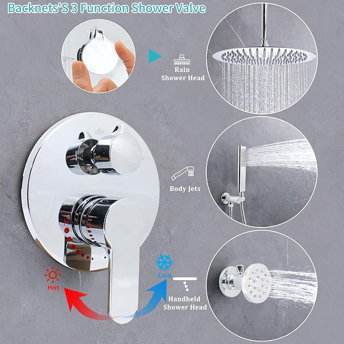 Solid Brass 3 Way Round Pressure Balancing Mixer Shower Valve Replacement Wall Mount Shower Diverter Valve Kit Shower Control Valve Polished Chrome