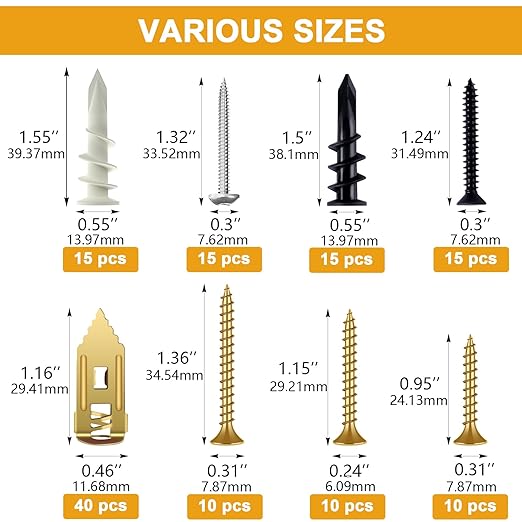 KURUI Self Drilling Drywall Anchors Assortment Kit 140Pcs, 30 Sets Heavy Duty Plastic Expansion Anchor and 40 Sets Drywall Grip Anchors and Screws, for Hanging Wall Decor,Picture Frames,Shelves