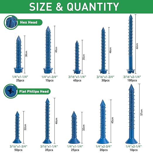 FOLIV 260PCS Concrete Screws with Drill Bit, 1/4 3/16 Concrete Screws Assortment Kit, Flat & Hex Head Masonry Block Brick Cement Screws and Anchors, Diamond Point, Length from 1-1/4” to 2-1/4”