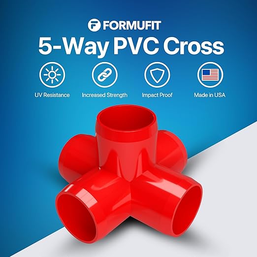 FORMUFIT 3/4" 5-Way Cross Furniture Grade PVC Fitting in Red, Made in USA, UV-Resistant, Impact-Proof, 1.050” Actual Socket Diameter (Pack of 8) - F0345WC-RD-8