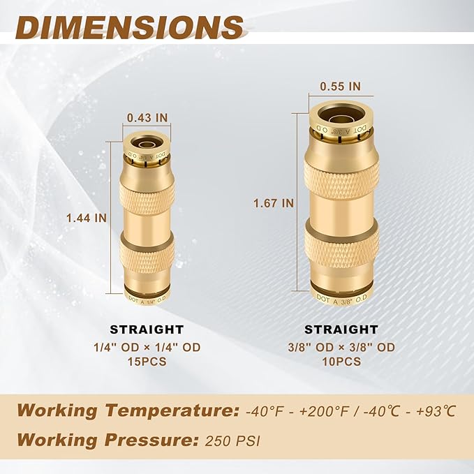 25pcs Quick Connect Brass DOT Air Line Fittings Straight Union 1/4” 3/8” Tube Push to Connect Fittings Air Suspension Fittings Straight Air Brake Union Push Lock Pneumatic Air Hose Fittings