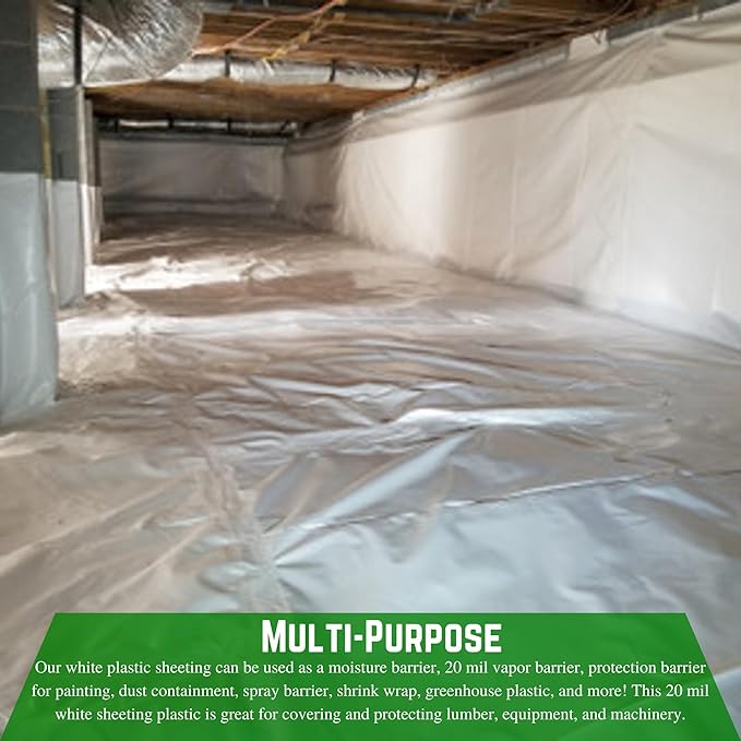 Farm Plastic Supply - Crawl Space Vapor Barrier - 20 mil - White Heavy Duty Plastic Sheeting - Thick Polyethylene Film, Drop Cloth Vapor Barrier Covering for Crawlspace and Basement (12' x 25')