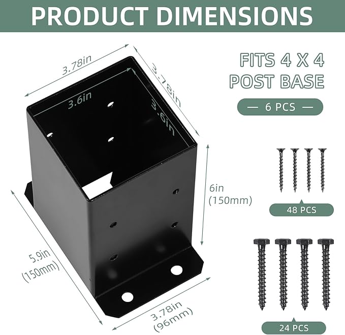 4x4 Post Base 6Pcs Wood Fence Post Bracket Anchor Base Brackets Deck Post Base for Pergola Railing Mailbox Deck (Inner Size 3.6x3.6)